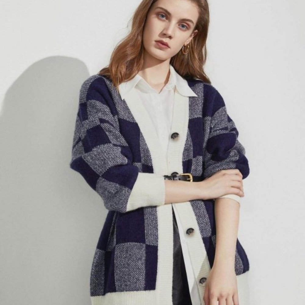 Brand New with Tags J.ING Knitwear | Mollie Blue Checkerboard Cardigan Size S/M